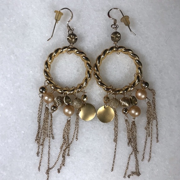 Vintage Jewelry - Gold Tone Dangling Chain Bead Rope Circle Earrings